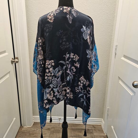 Kachel Anthropologie Jamie Kimono One Size Blue Floral Tassel Boho Resort Duster - Picture 8 of 14